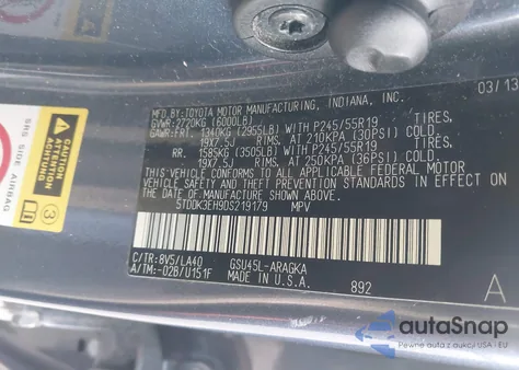 2013 Toyota Highlander Limited V6 from USA, damaged, VIN 5TDDK3EH9DS219179